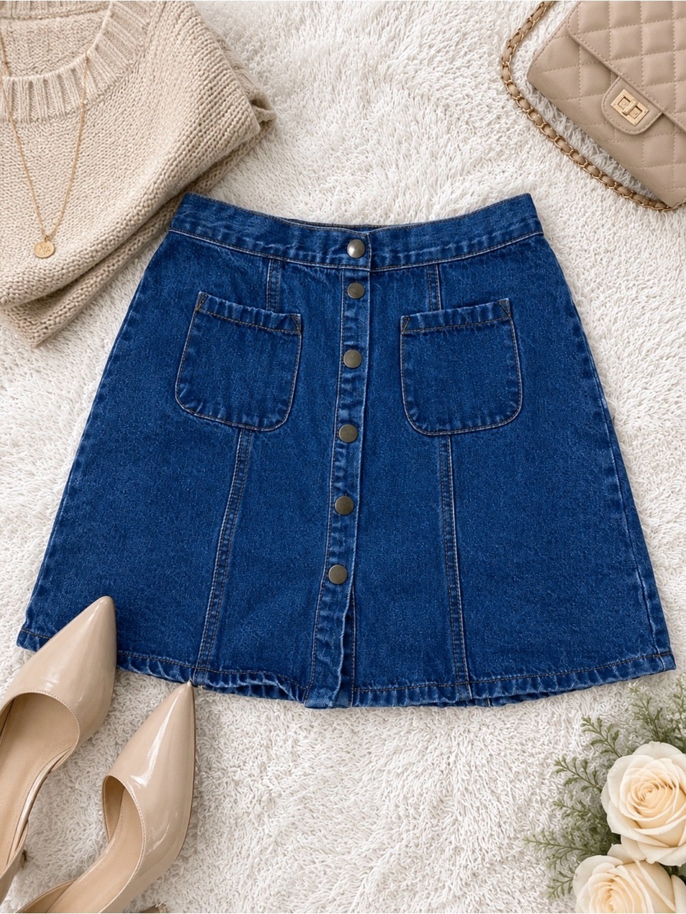 Dark Blue Denim Button-Front A-Line Skirt